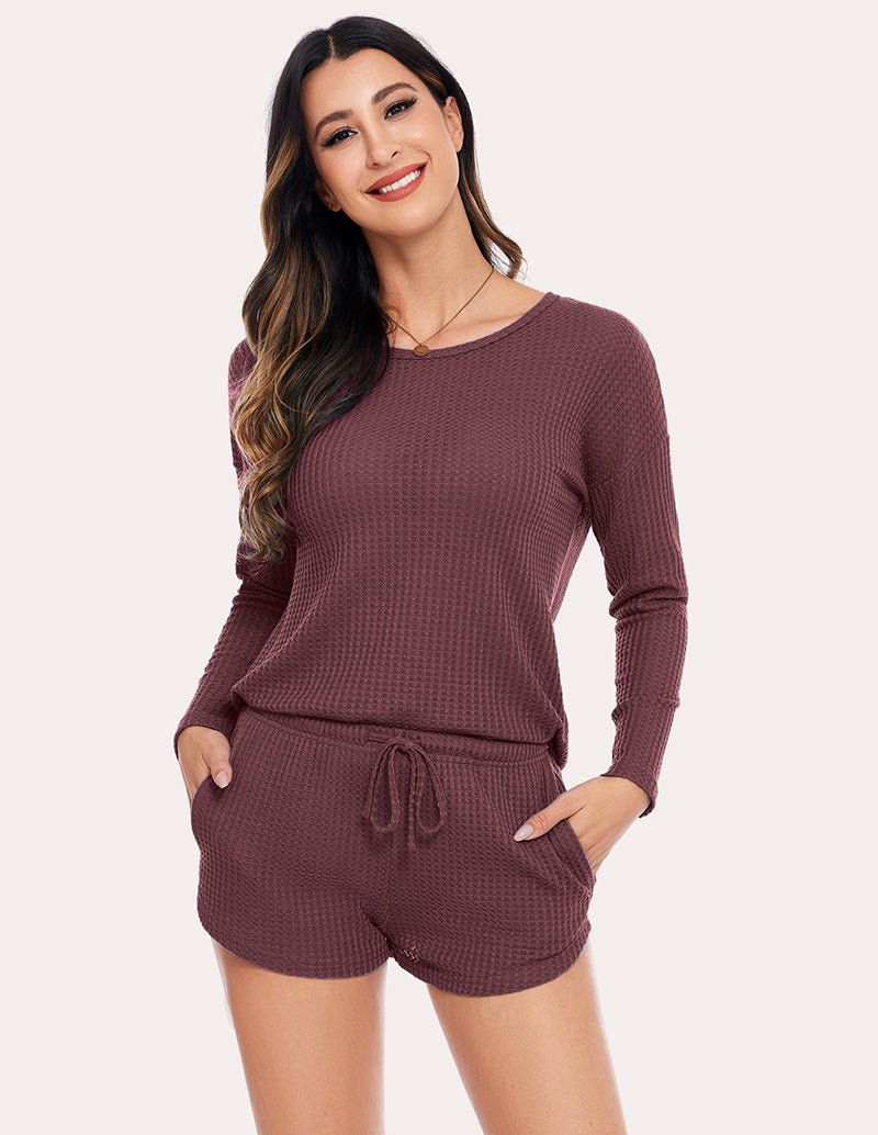 Burgundy waffle-knit pajama set: long-sleeve top with drawstring shorts
