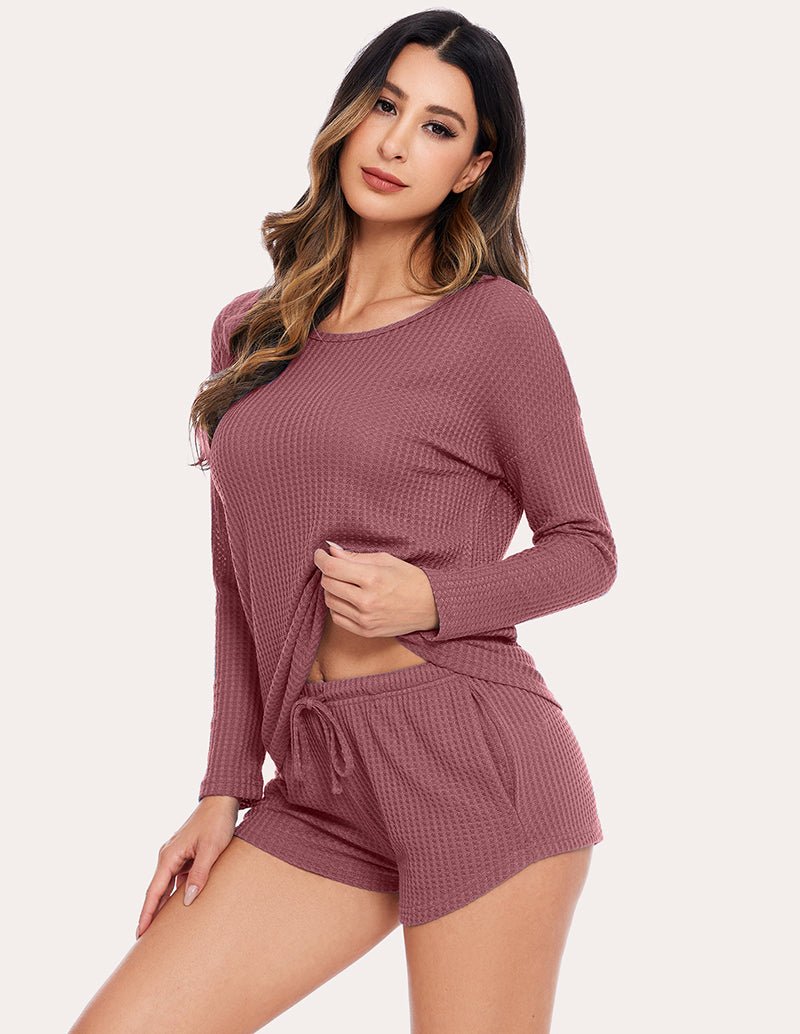 Waffelstrick-Pyjamaset, Dusty Rose, Langarmoberteil und Shorts mit Kordelzug