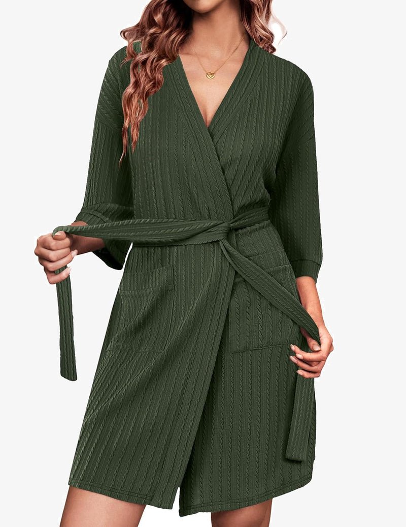 Waffle-knit robe, knee length, 3/4 sleeves, tie belt, V-neck, side pocket – Army Green