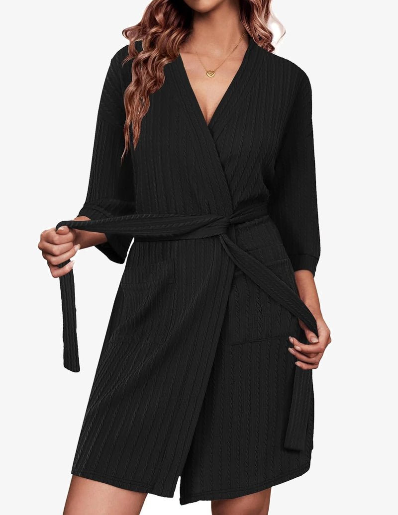 Waffle-knit robe, knee length, 3/4 sleeves, tie belt, V-neck, side pocket – Black