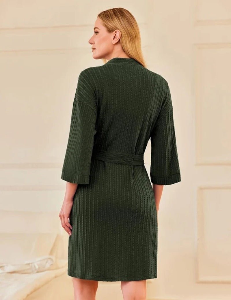 Army green waffle knit robe, tie belt, 3/4 sleeves, knee-length back view