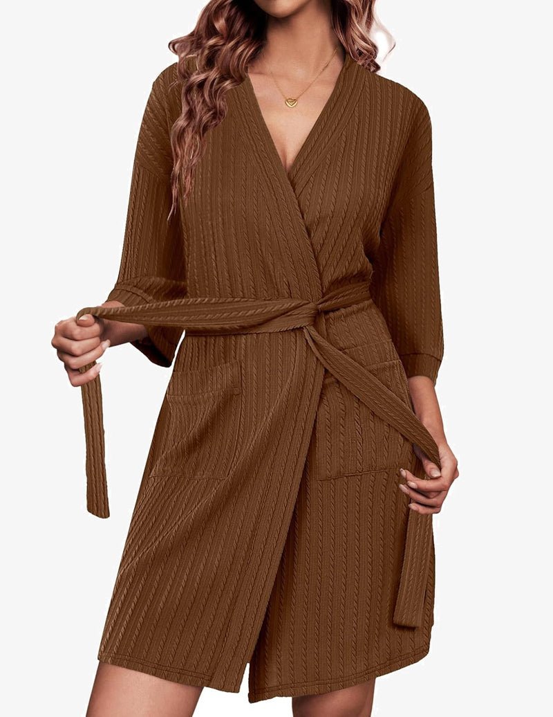 Brown waffle knit knee-length robe, 3/4 sleeves, V-neck and tie belt