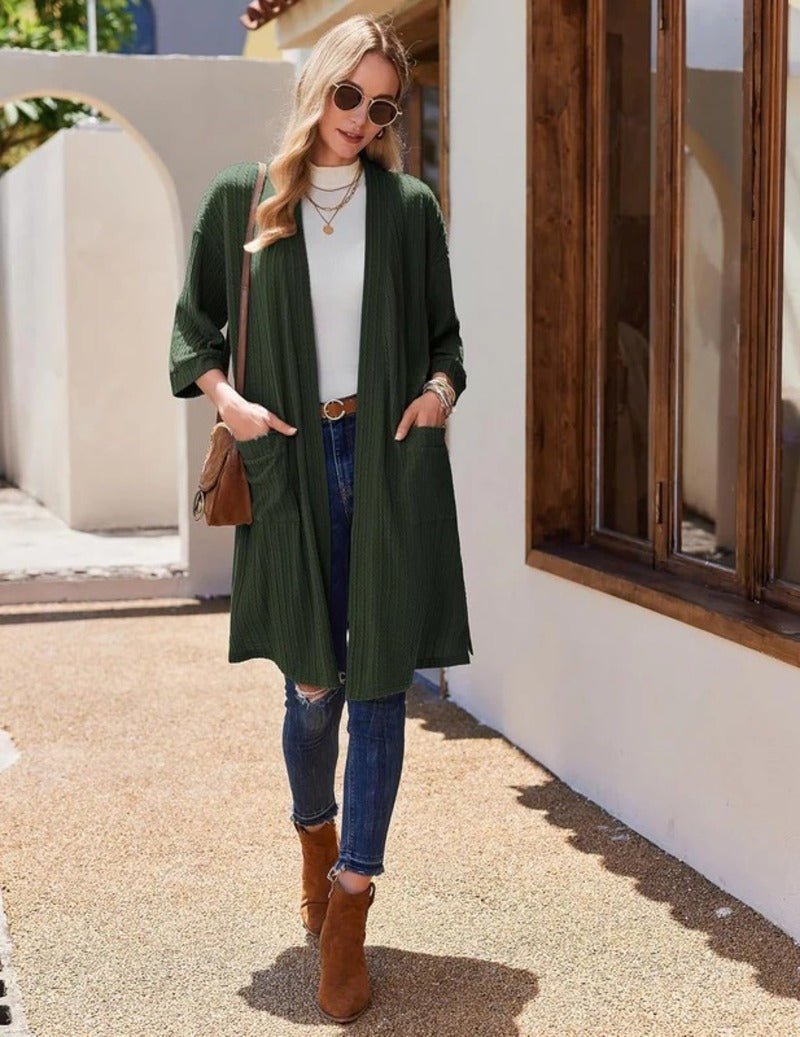 Waffle knit knee-length robe with 3/4 sleeves, tie belt, dark green color