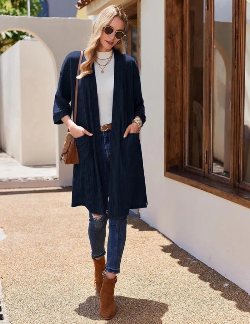 Navy waffle knit robe, knee length, 3/4 sleeves, V-neck and waist tie belt