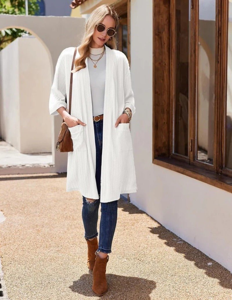 White waffle robe, V-neck with waist tie, 3/4 sleeves for easy layering