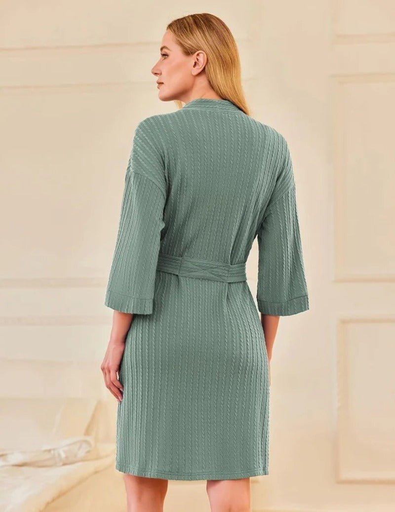 Waffle knit robe in sage/green, knee length, 3/4 sleeves, back view with belt