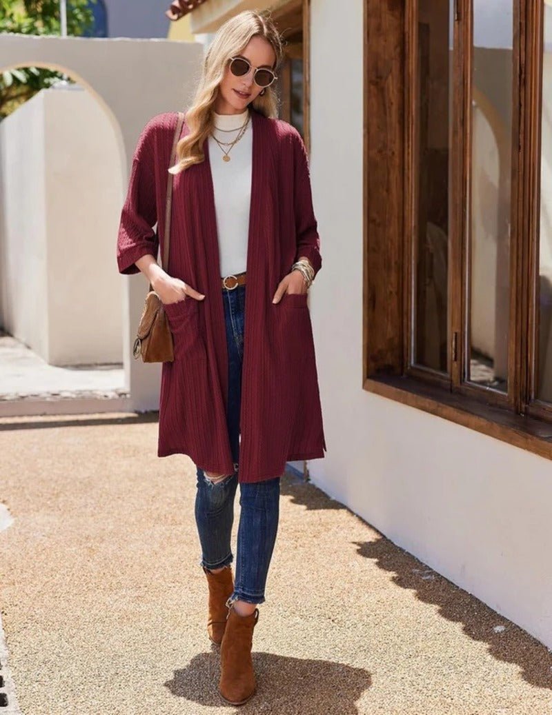 Wine red waffle knit knee-length robe, V-neck with tie belt and 3/4 sleeves