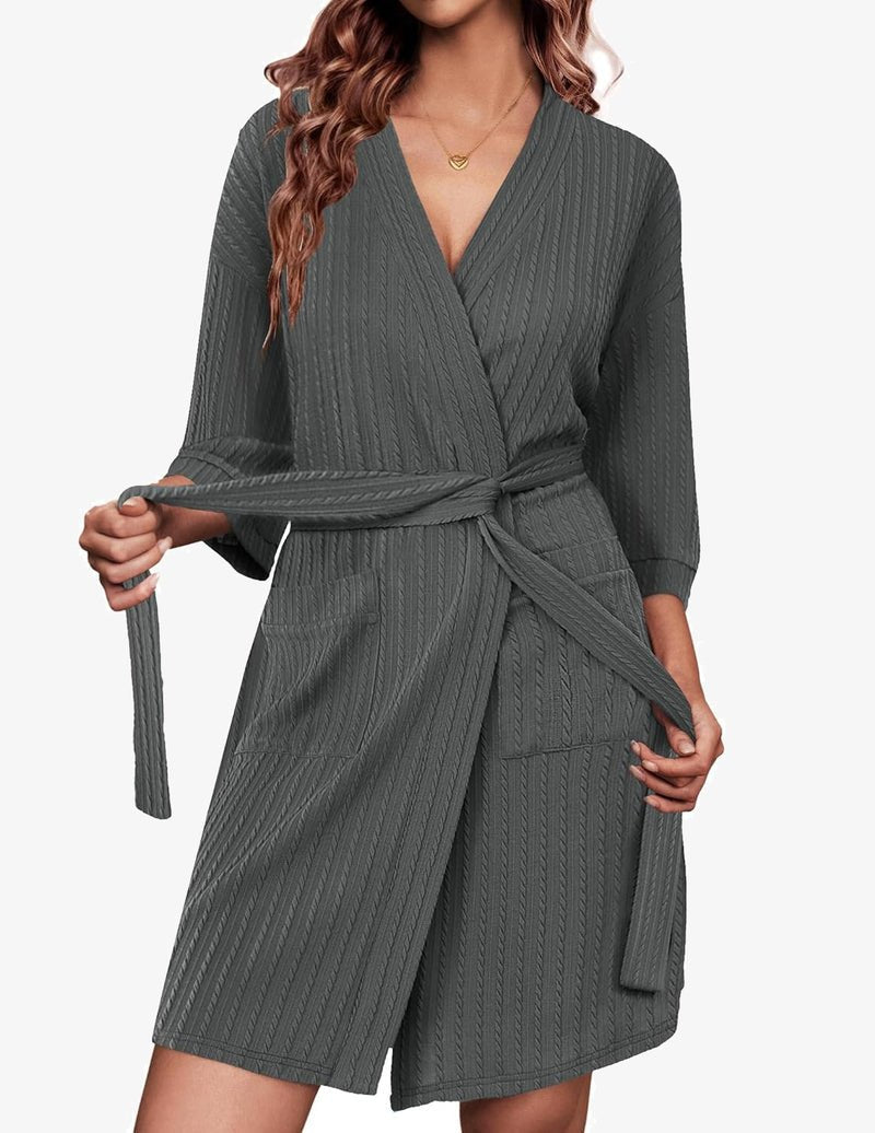 Dark gray waffle knit wrap robe, knee length, 3/4 sleeves, waist tie belt