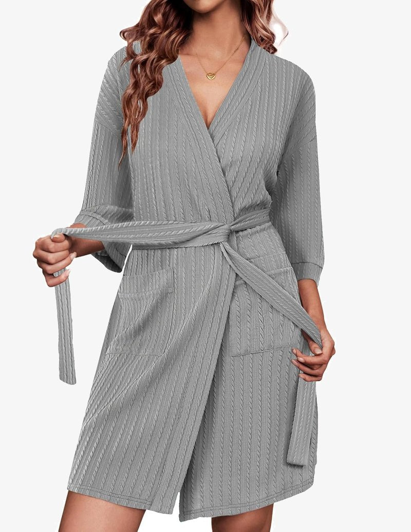 Gray waffle knit knee-length robe with V-neck, 3/4 sleeves, wrap tie belt