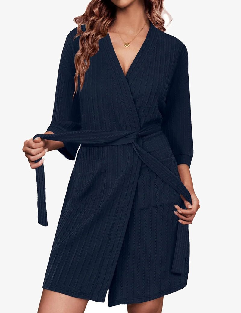 Waffle-knit robe, knee length, 3/4 sleeves, tie belt, V-neck, side pocket – Navy Blue