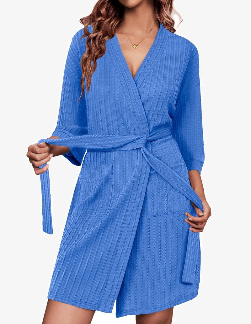 Waffle-knit robe, knee length, 3/4 sleeves, tie belt, V-neck, side pocket – Snorkel Blue