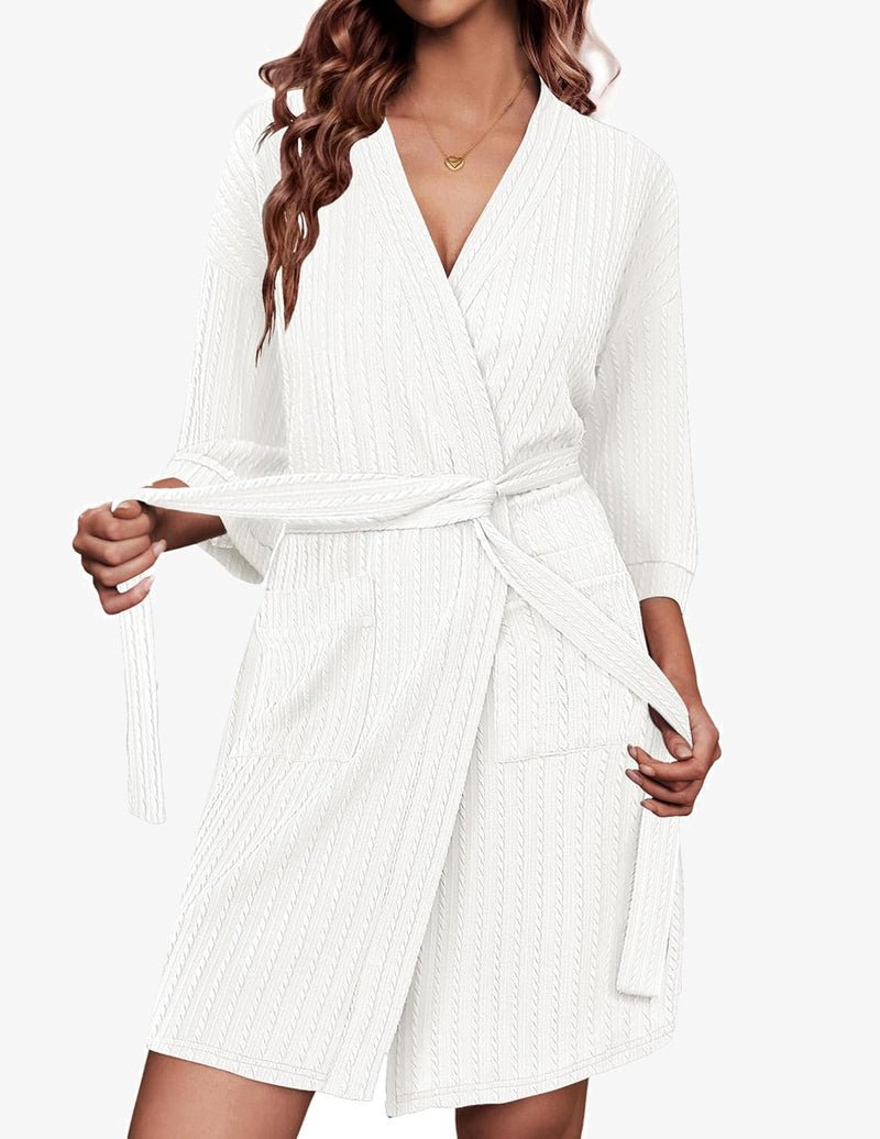 White waffle knit knee-length robe with V-neck, 3/4 sleeves, wrap tie belt