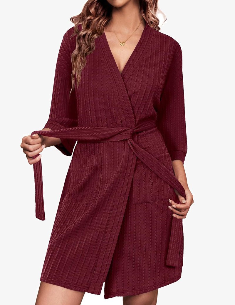Wine red waffle knit knee-length robe with V-neck, 3/4 sleeves, tie belt