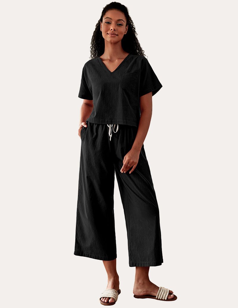 Black V-neck short-sleeve pajama set with wide-leg pants, drawstring waist