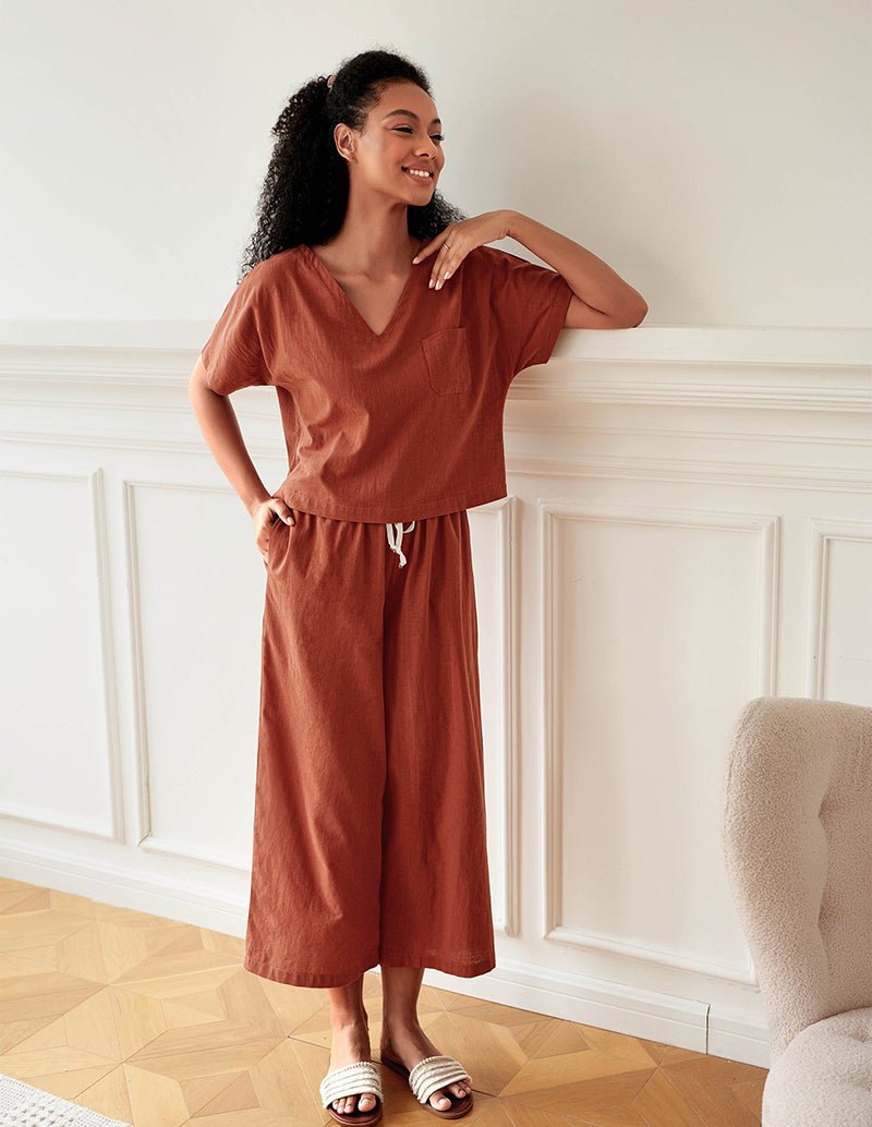 Brown V-neck short-sleeve pajama set with wide-leg pants, drawstring waist