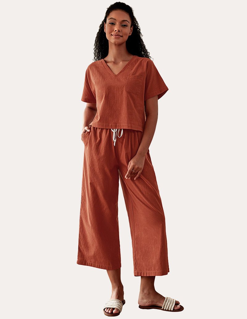Rust V-neck short-sleeve pajama set with wide-leg pants, drawstring waist