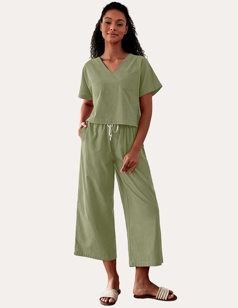 Green V-neck short-sleeve pajama set with wide-leg pants, drawstring waist