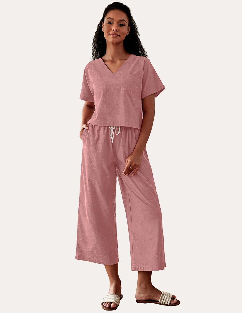 Pink V-neck short-sleeve pajama set with wide-leg pants, drawstring waist