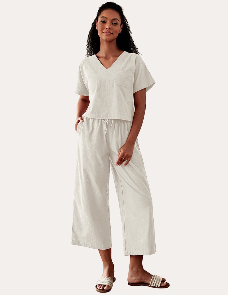 White V-neck short-sleeve pajama set with wide-leg pants, drawstring waist