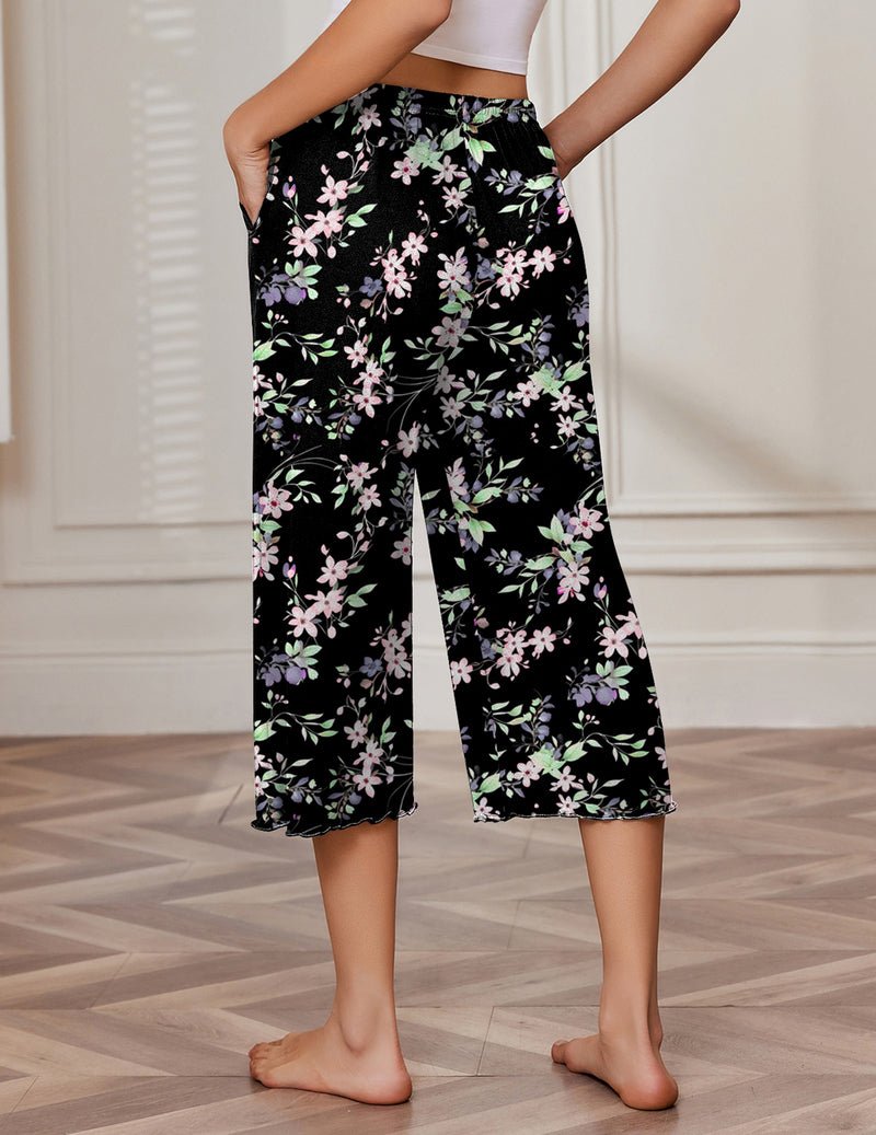 Floral capri pajama pants with elastic drawstring waist, wide cropped legs