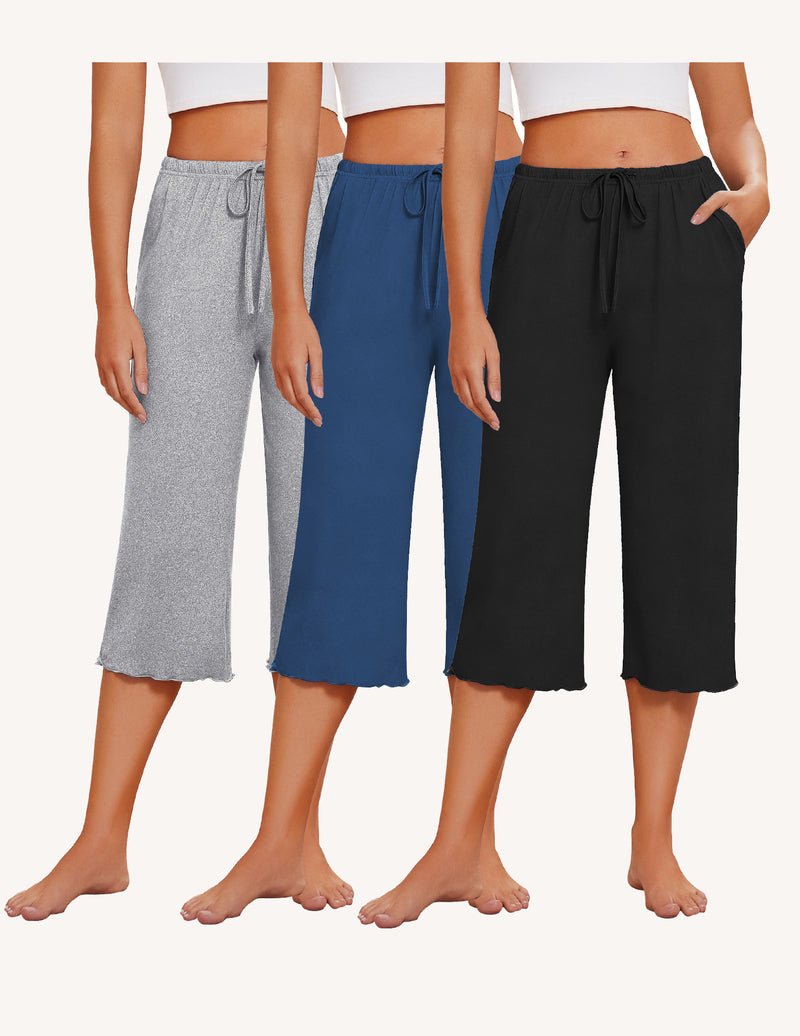Women’s capri pajama pants (3-pack) in heather gray, blue, and black, drawstring waist