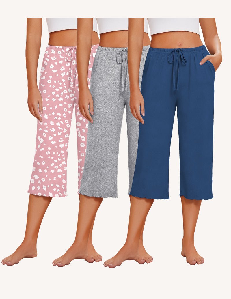 Capri-Pyjama-Hosen im Set: rosa Print, hellgrau und blau mit Kordelzug am Bund