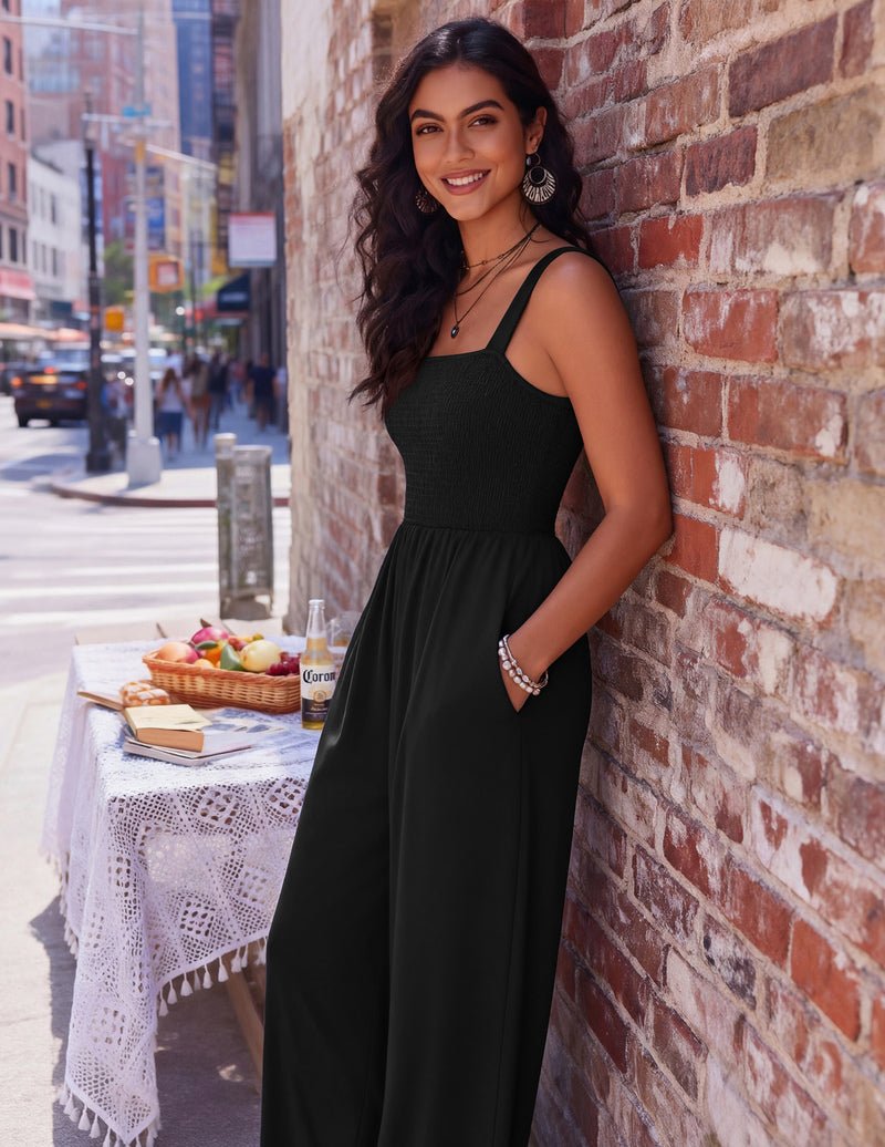 Black wide-leg jumpsuit with spaghetti straps and smocked waist