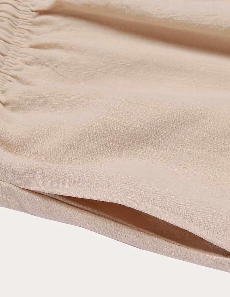 Cotton-linen pajama shorts leg hem with gathered detail, light khaki