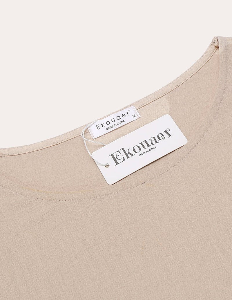 Women’s cotton-linen pajama neckline with brand tag and soft round collar, light khaki