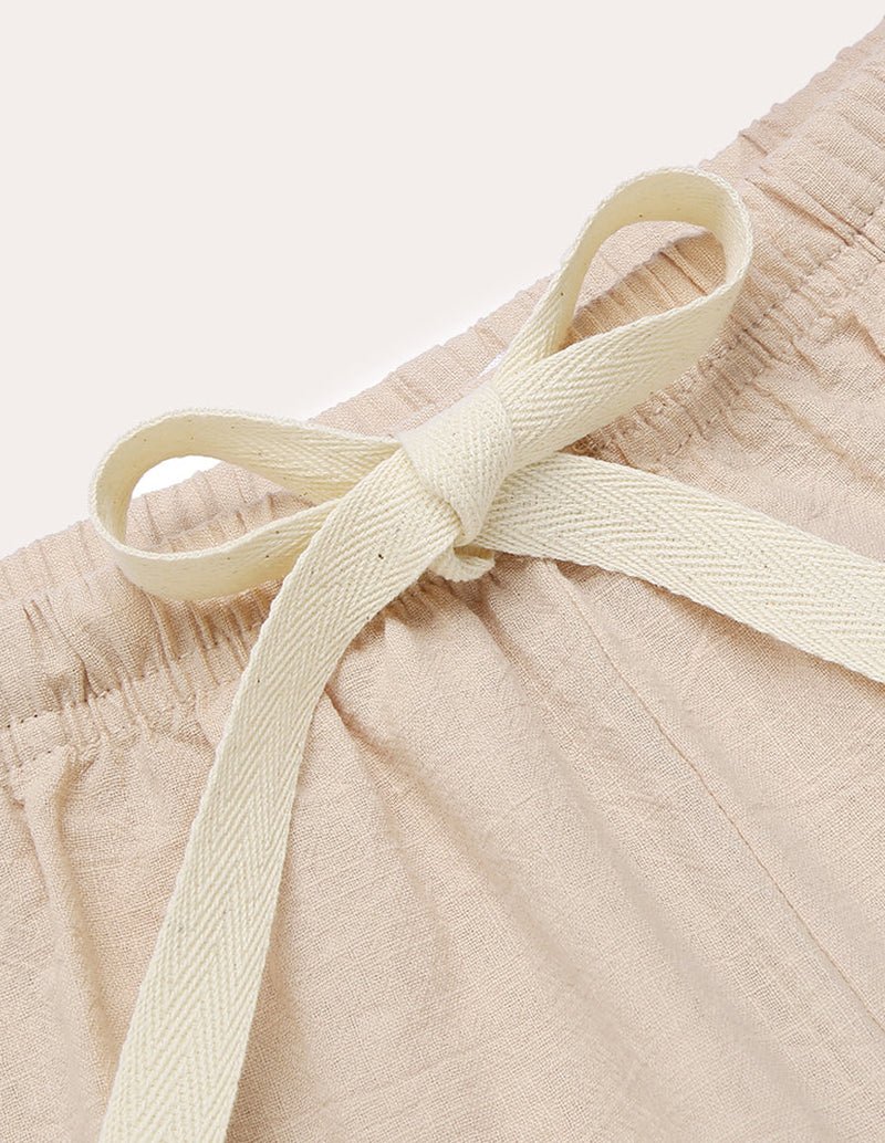 Cotton-linen pajama shorts waist tie with elastic waistband, light khaki