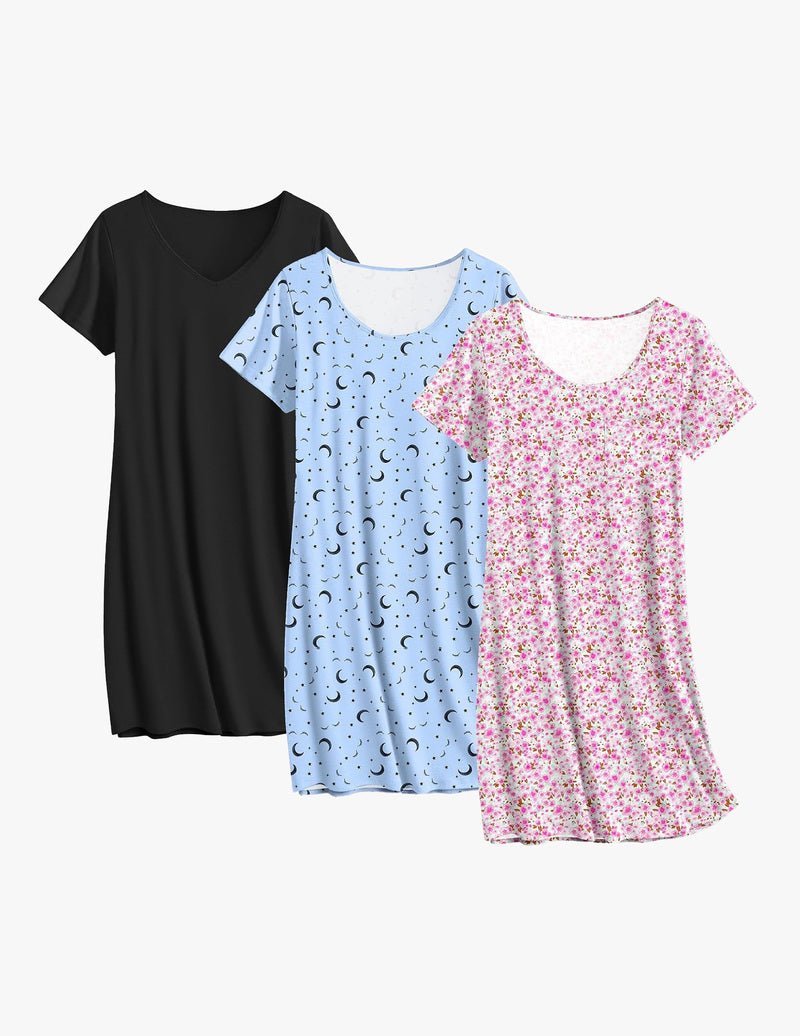 3-pack cotton nightgowns: black, light-blue moon print, pink floral.