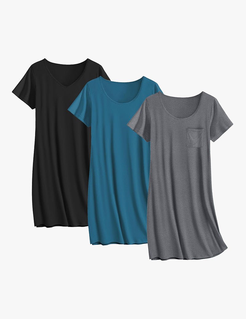 3-pack cotton nightgowns: black solid, teal solid, dark gray solid with pocket.