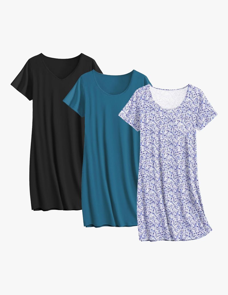 3-pack cotton nightgowns: black solid, teal solid, lavender speckle print.
