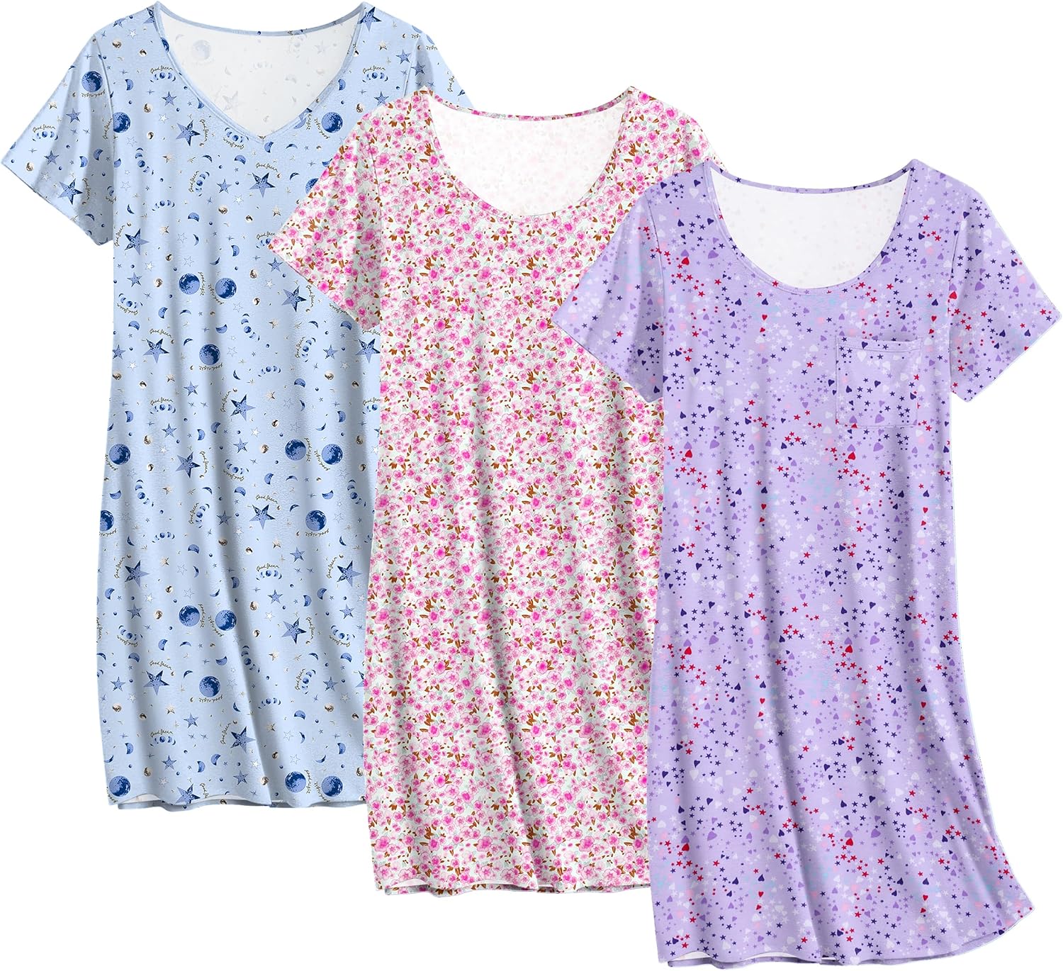 3er-Pack Damen-Nachthemden: hellblau mit Sternen, pinke Blumen, violett mit Sternen