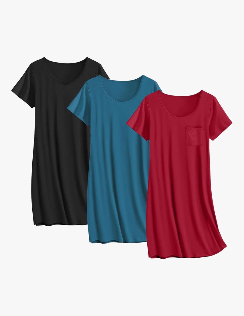 Damen-Nachthemd-Set aus Baumwolle, 3er: schwarz, blau-türkis, weinrot, Kurzarm