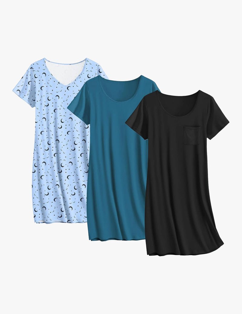 3-pack cotton nightgowns: light-blue moon print, teal solid, black solid.