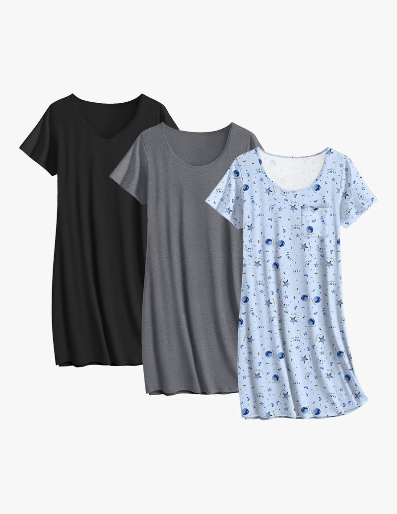 3-pack cotton nightgowns: black solid, gray solid, light-blue star print.