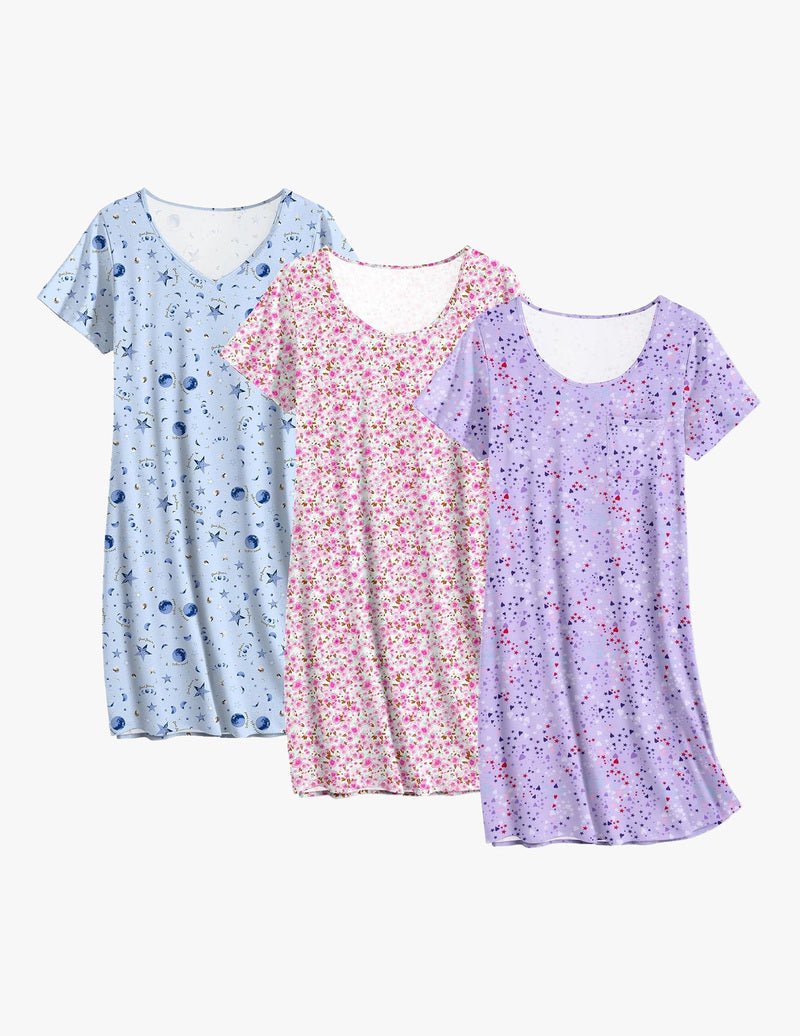 3-pack cotton nightgowns: light-blue star print, pink floral print, lavender star print.