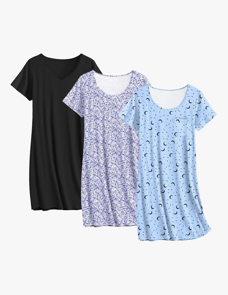 3-pack cotton nightgowns: black solid, light lilac speckle print, light-blue moon print.