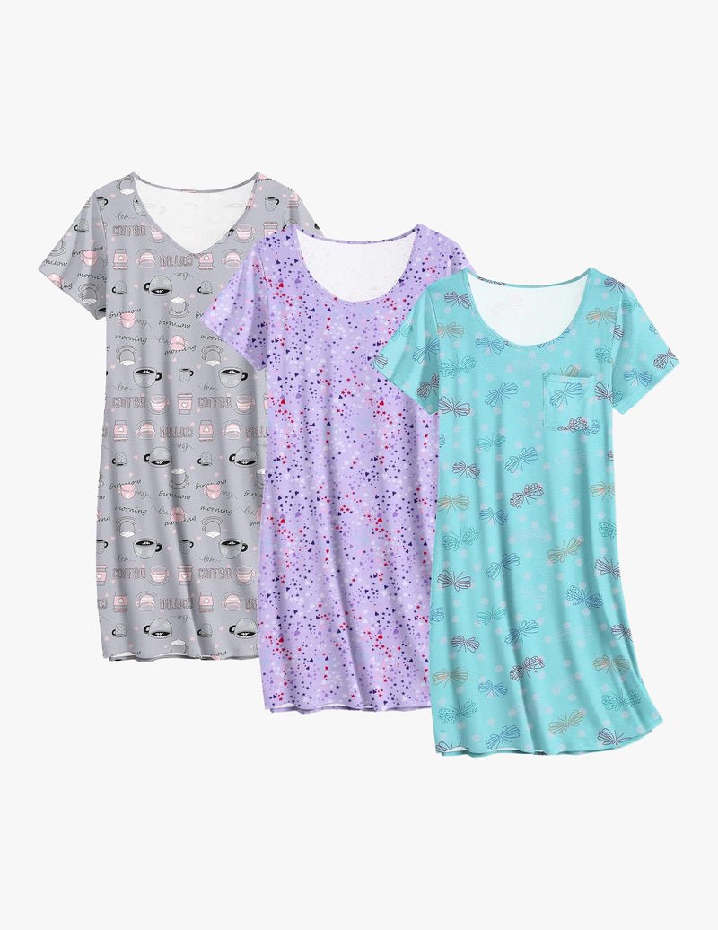 3-pack cotton nightgowns: gray graphic print, lilac speckle print, aqua floral print.