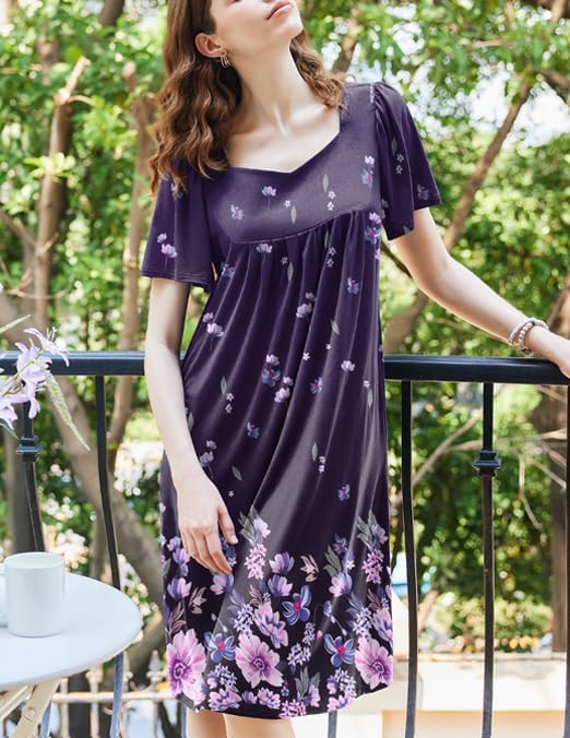Ekouaer Women's Floral House Dress - Pleated Nightgown