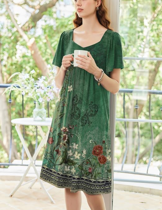 Ekouaer Women's Floral House Dress - Pleated Nightgown