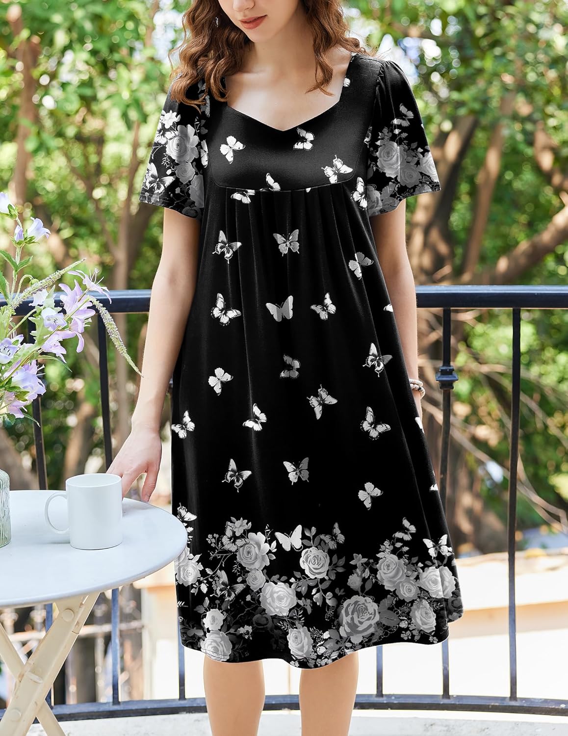 Ekouaer Women's Floral House Dress - Pleated Nightgown
