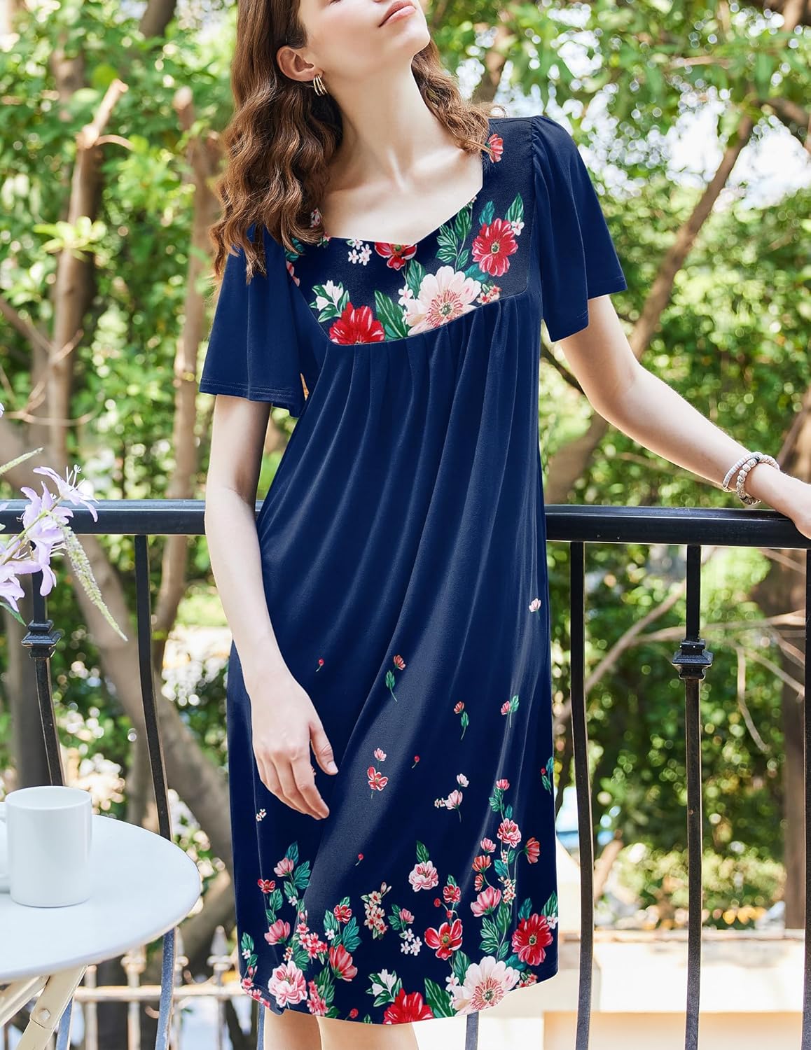 Ekouaer Women's Floral House Dress - Pleated Nightgown