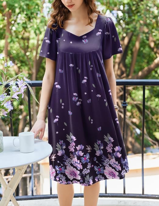 Ekouaer Women's Floral House Dress - Pleated Nightgown