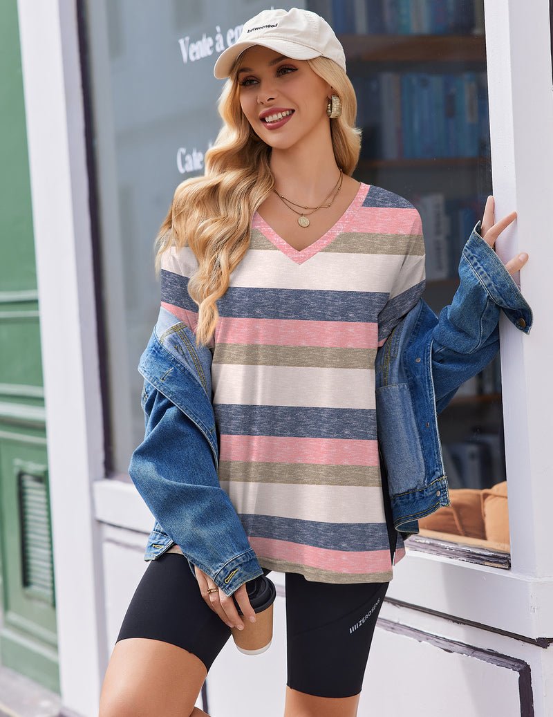 Gestreiftes Umstands-T-Shirt mit V-Ausschnitt, rosa/grau/blau/weiß