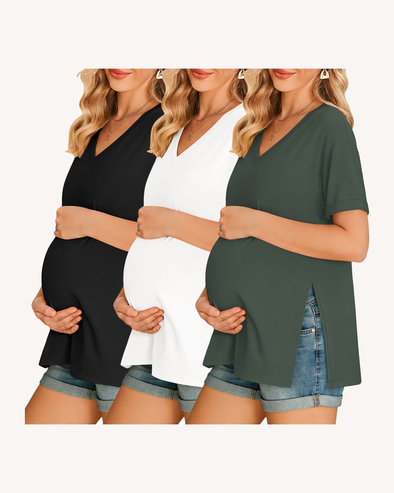 Maternity V-neck tee 3-pack: black, white, dark green with side split hem
