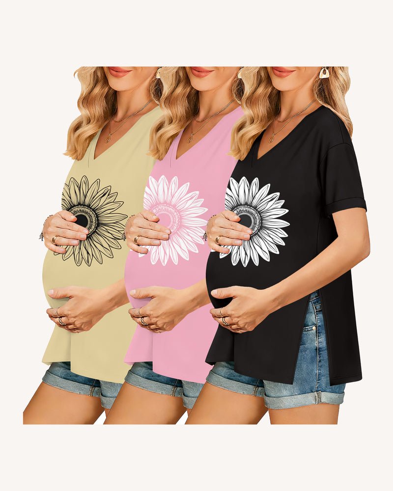 Maternity V-neck tee 3-pack: pale yellow, pink, black with large daisy prints, side split