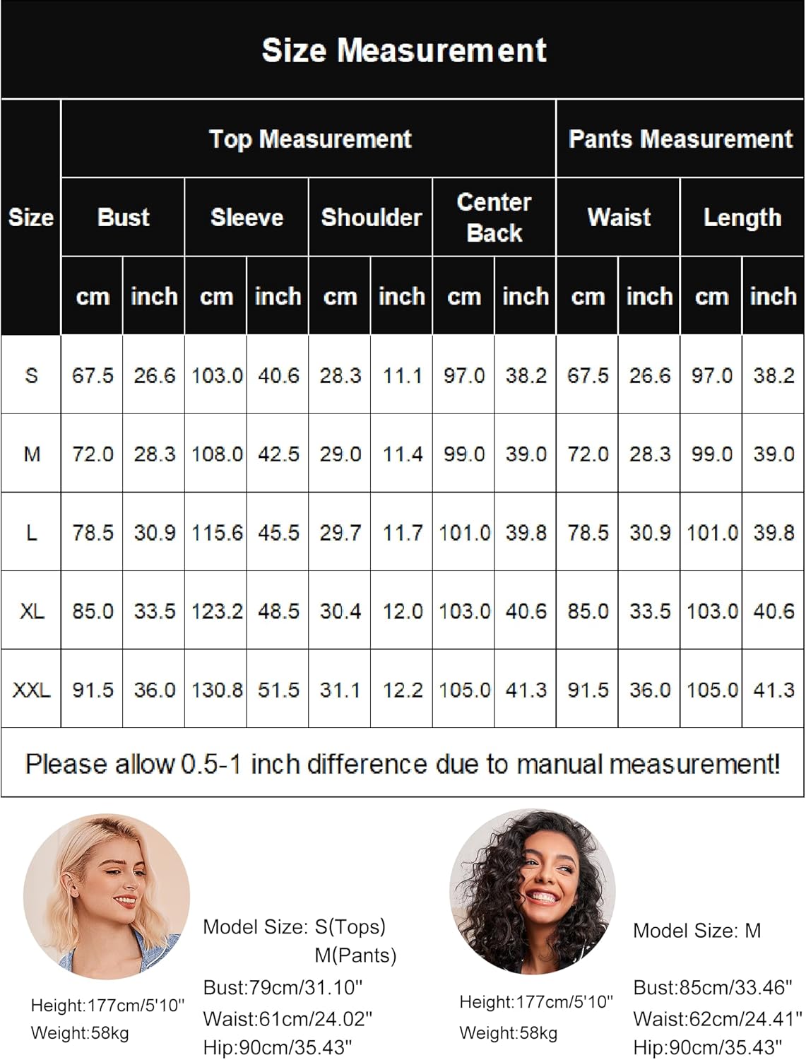 Size chart for women’s pajama top and pants, measurements in cm and inches