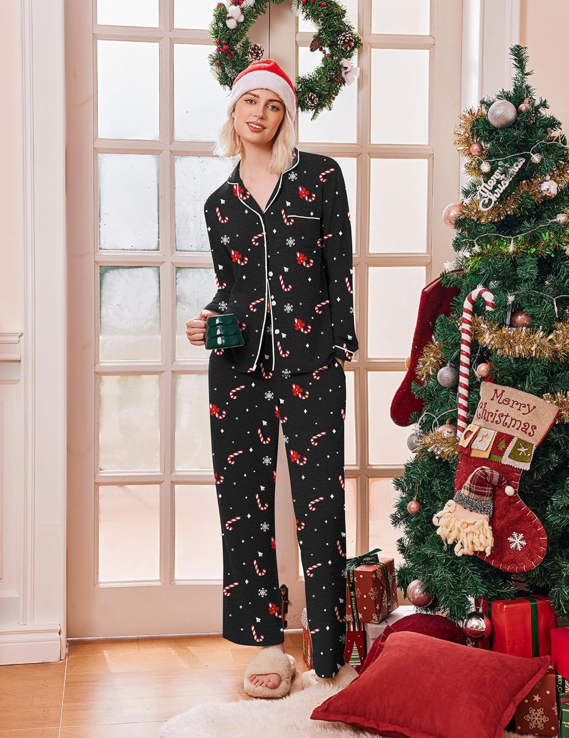 Black long-sleeve holiday pajama set, button-front top with candy-cane pattern
